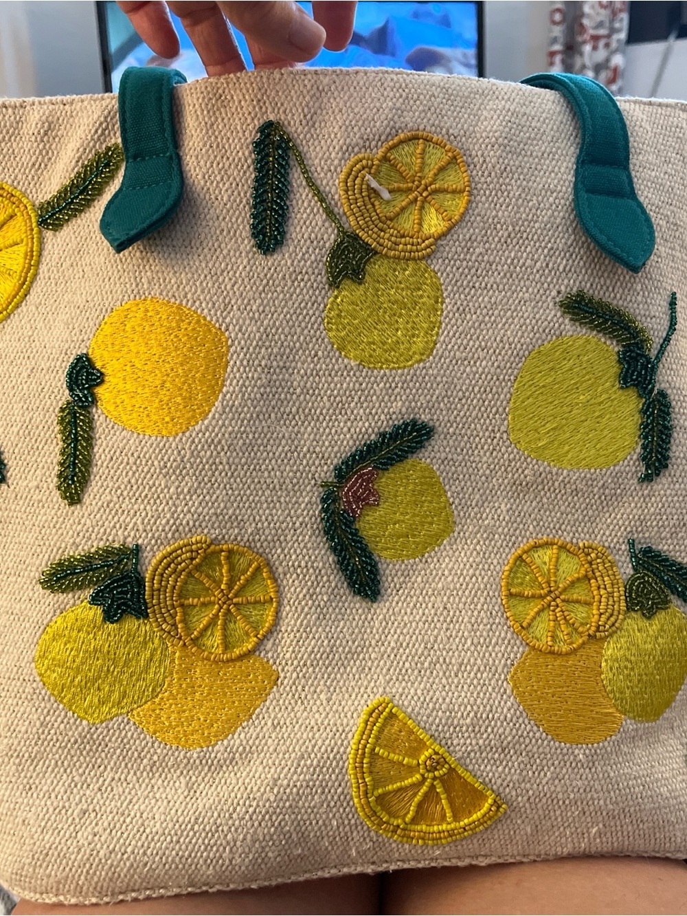 Embroidered Beaded Lemon Canvas Tote Bag